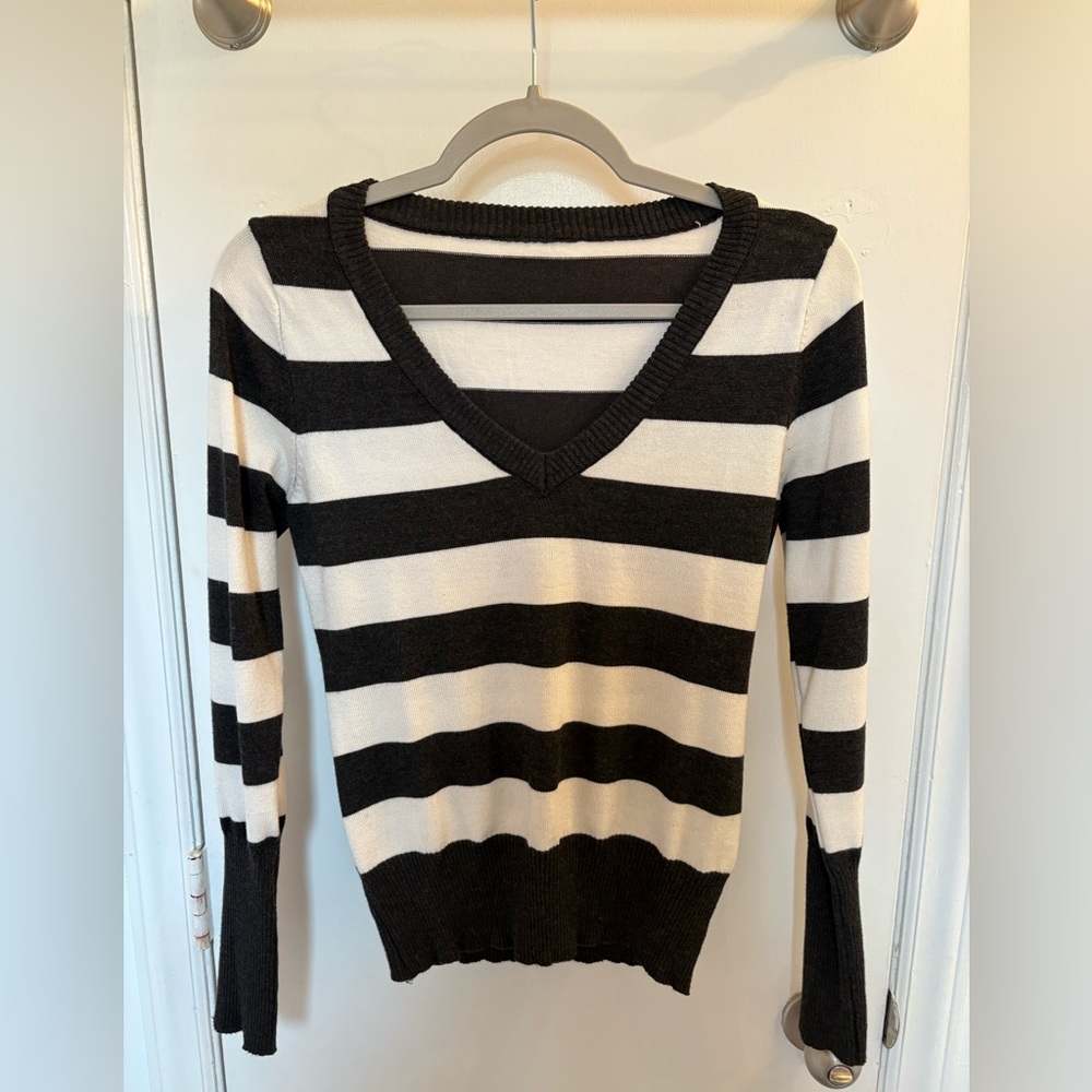 Black and White Striped V-Neck Sweater